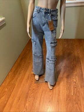 Nina Rossi High-Rise Rhinestone Cargo Jeans in Acid Wash Size L